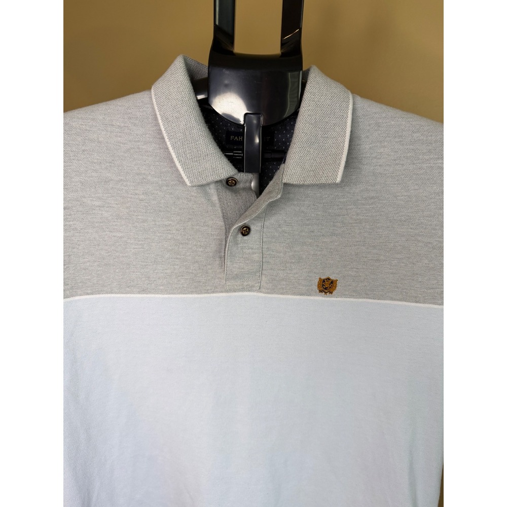 Fahrenheit Mens Fitted Polo Shirt XL Grey White Color Block Crest Logo Short Slv